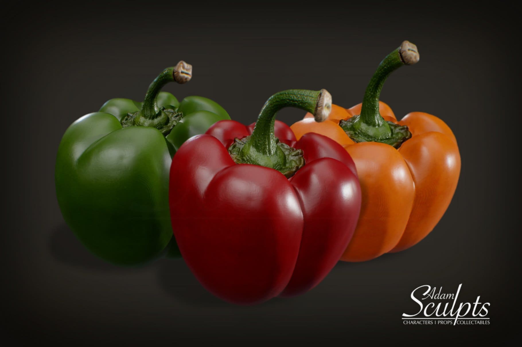 Green, red and yellow peppers on a gray background.