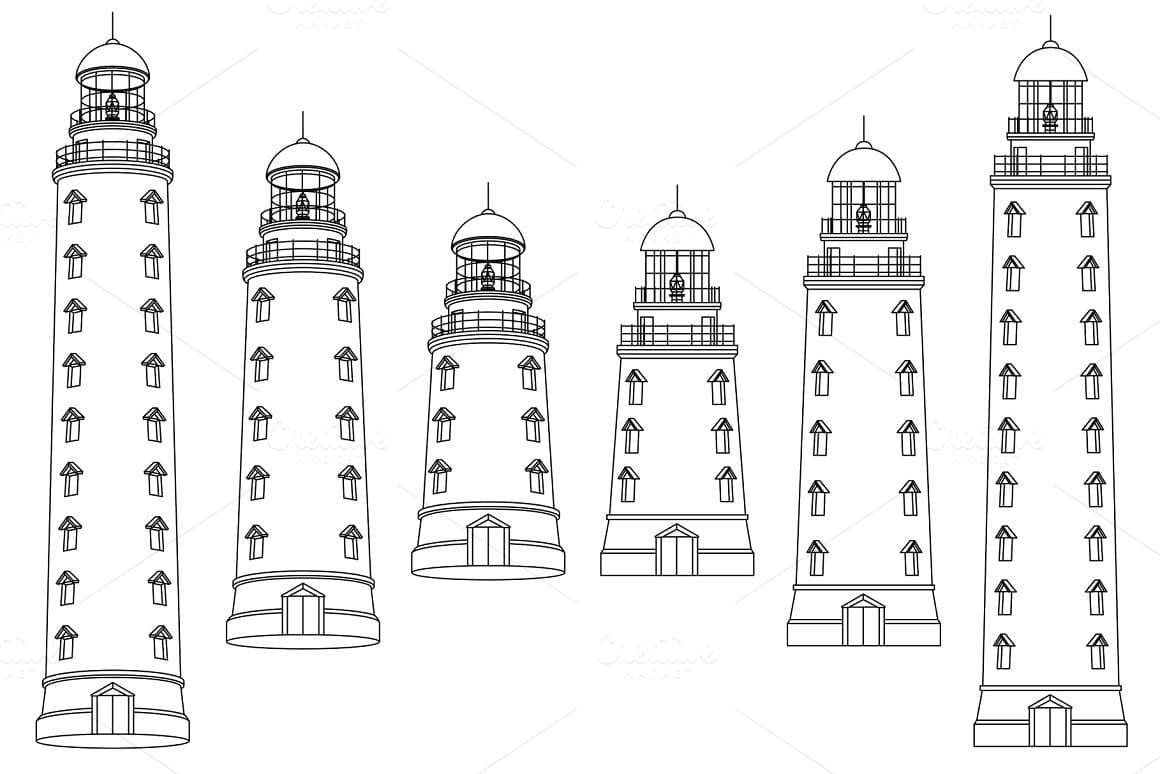 Vector Outline Lighthouse Beacon Set on the white background.