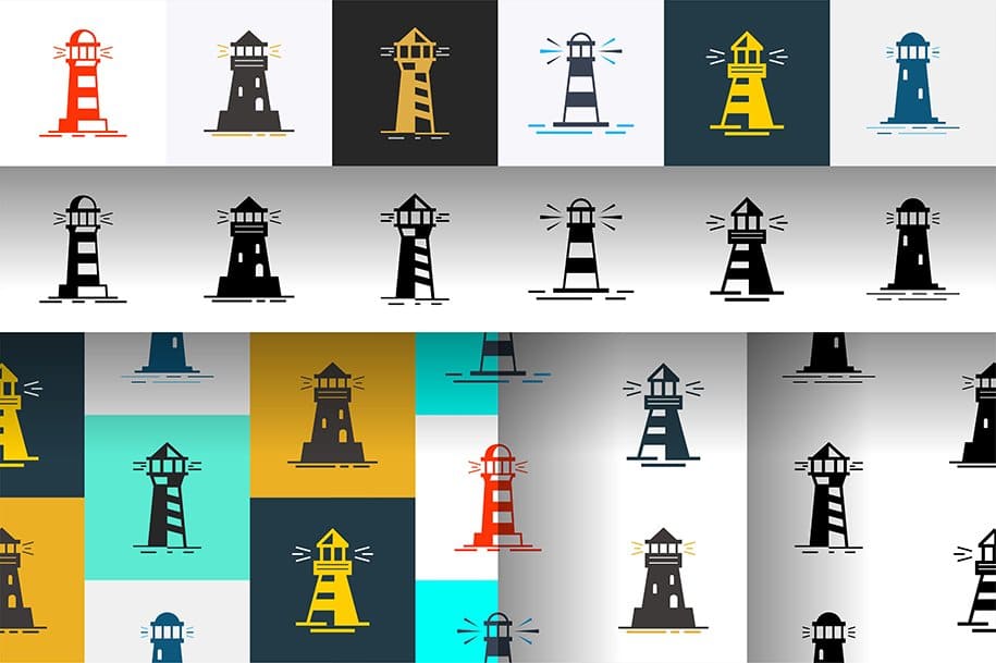 Lighthouse Set on a white, blue and yellow background.
