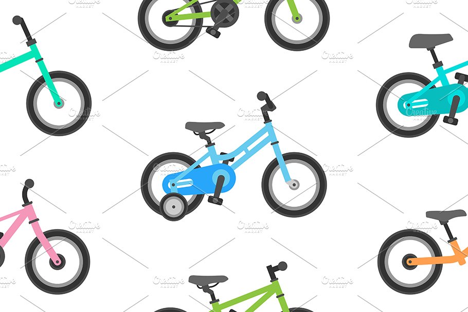 Colored children's bicycles with spare wheels.