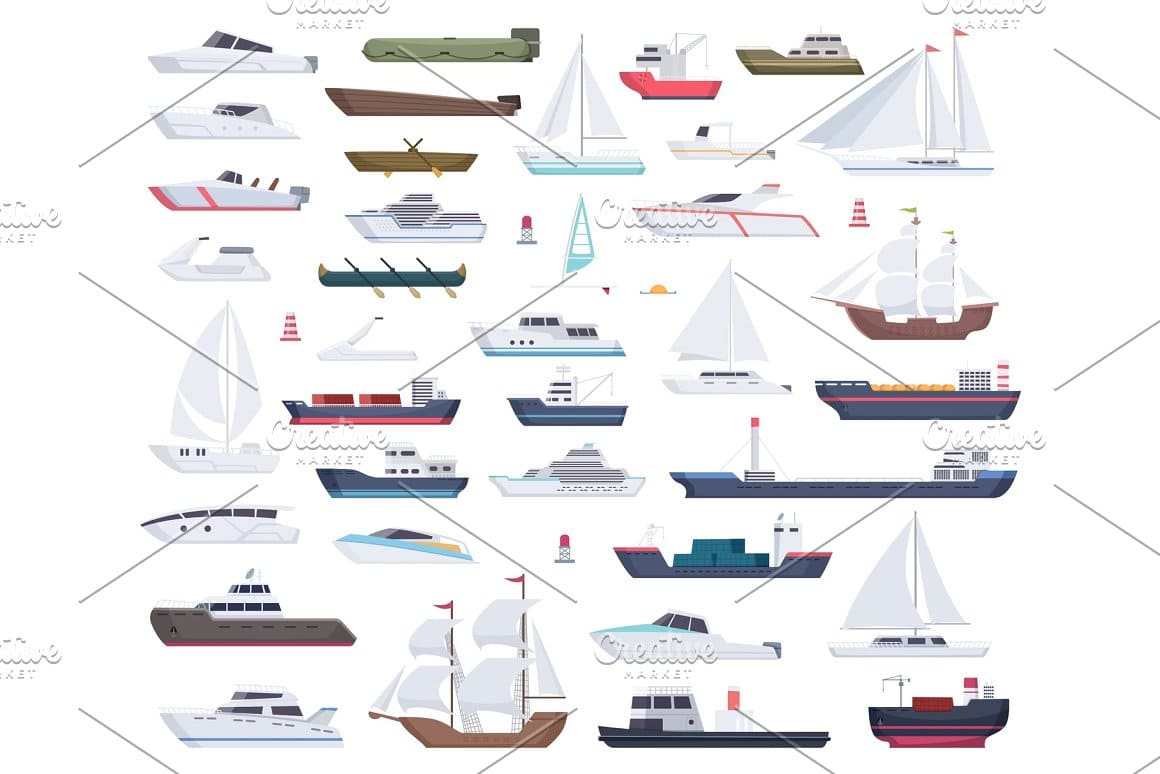 Ocean ships. Yacht sailing boats and travel big and little vessel vector cartoon collection.