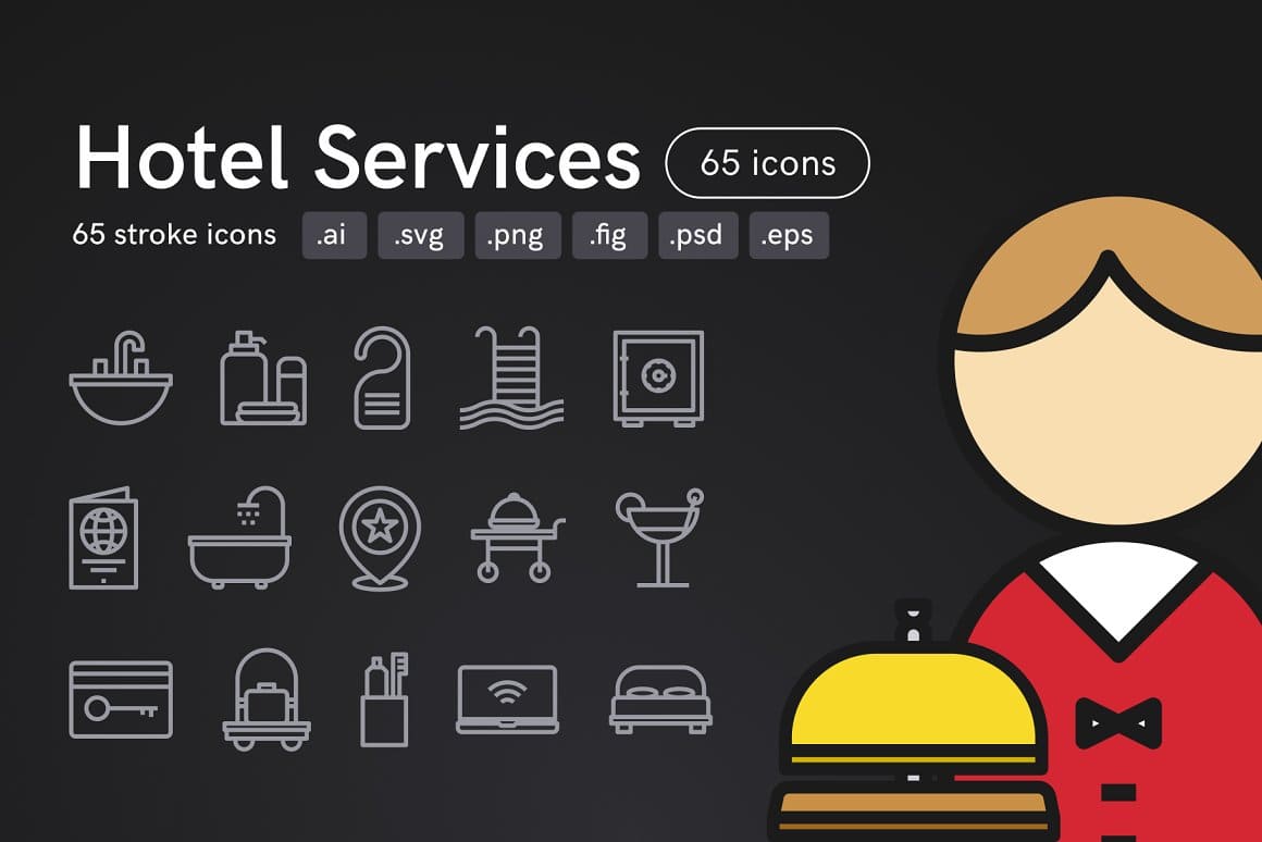 65 icons of Hotel services.
