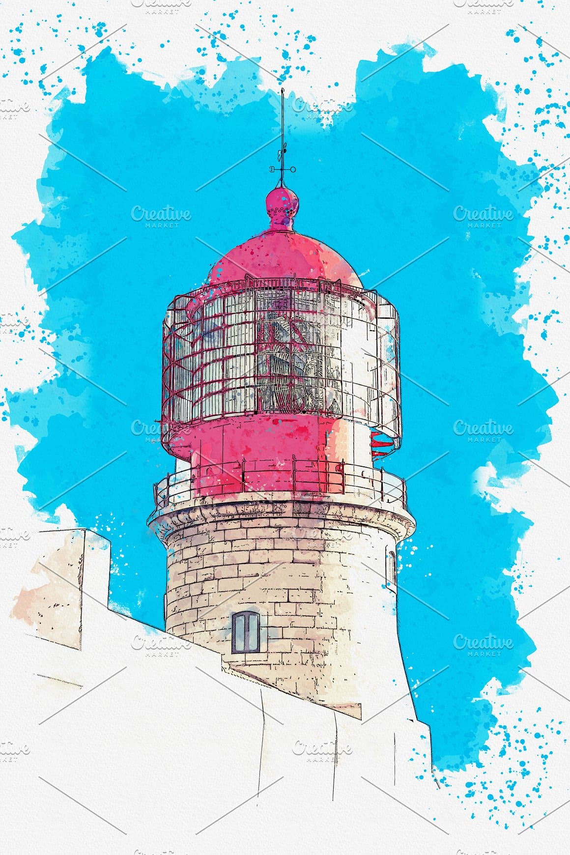 Watercolor drawing of a lighthouse with a red roof.