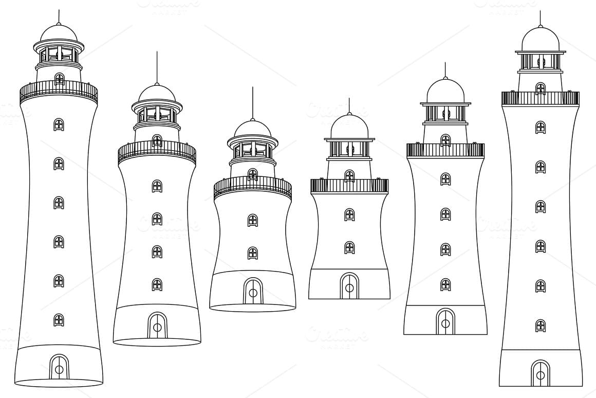 Six lighthouses with curved walls.