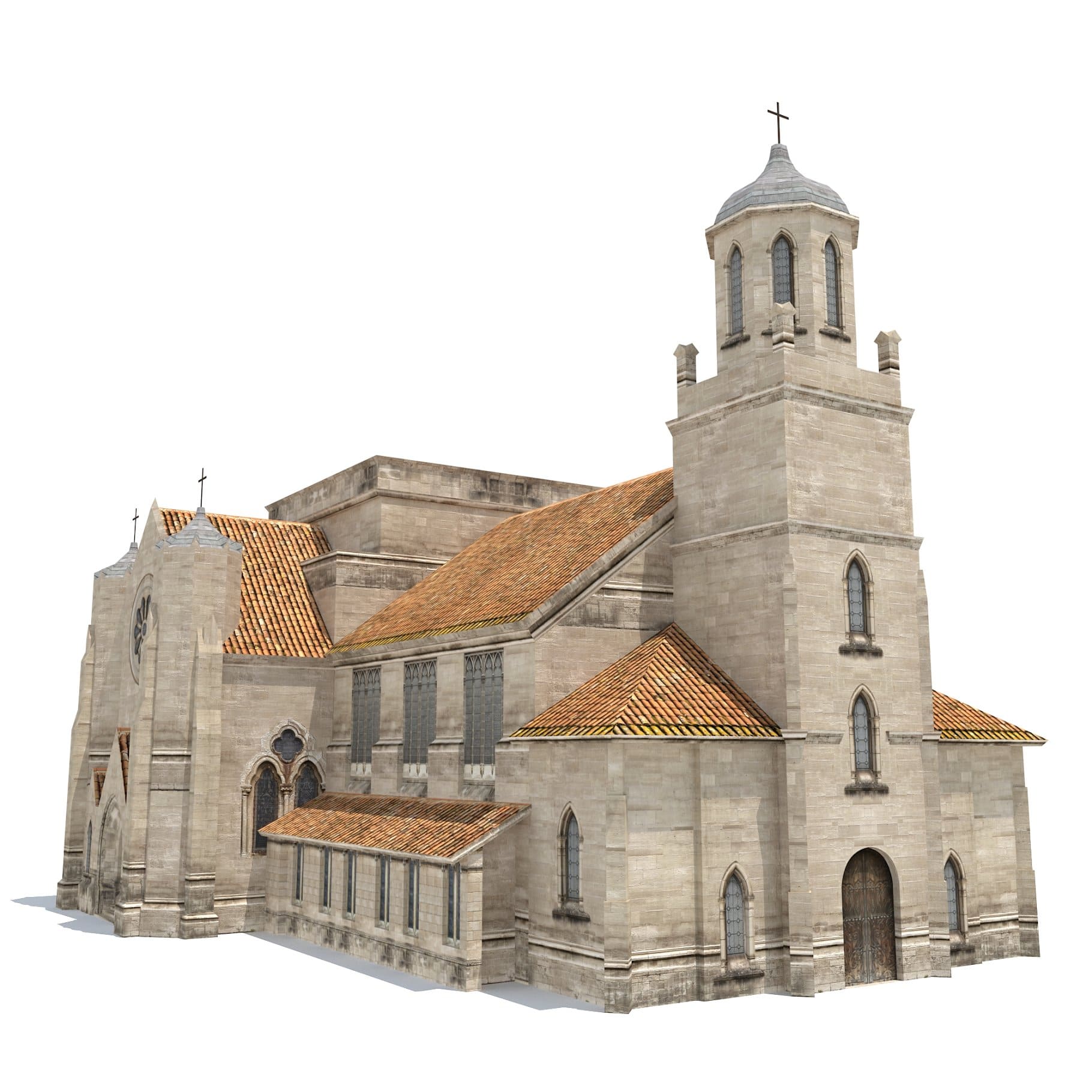 In the 3D model of the church building, windows of different shapes are combined.