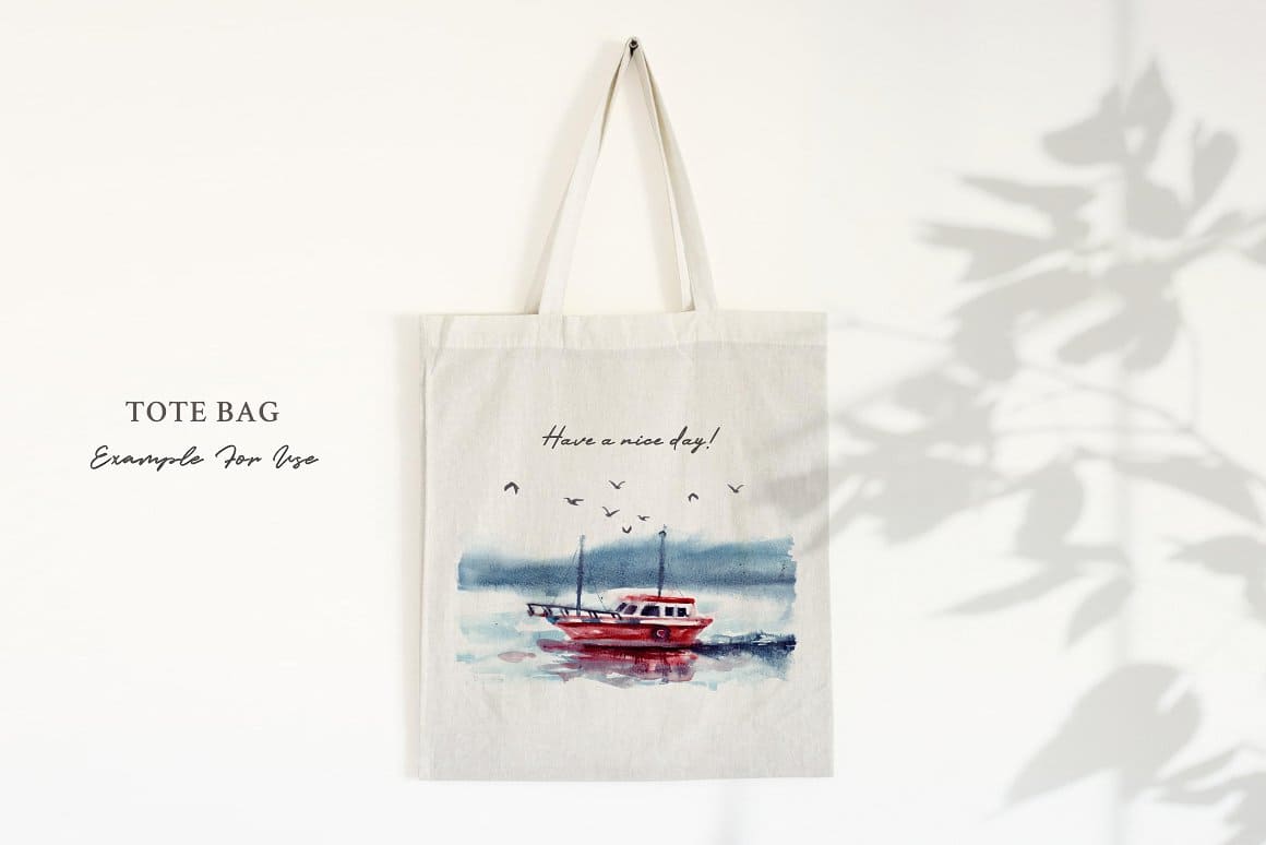 A boat on the water is drawn on the white bag.