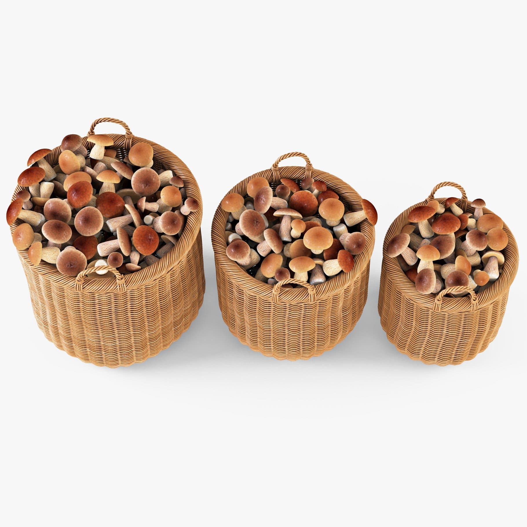 Three wicker baskets with mushrooms.