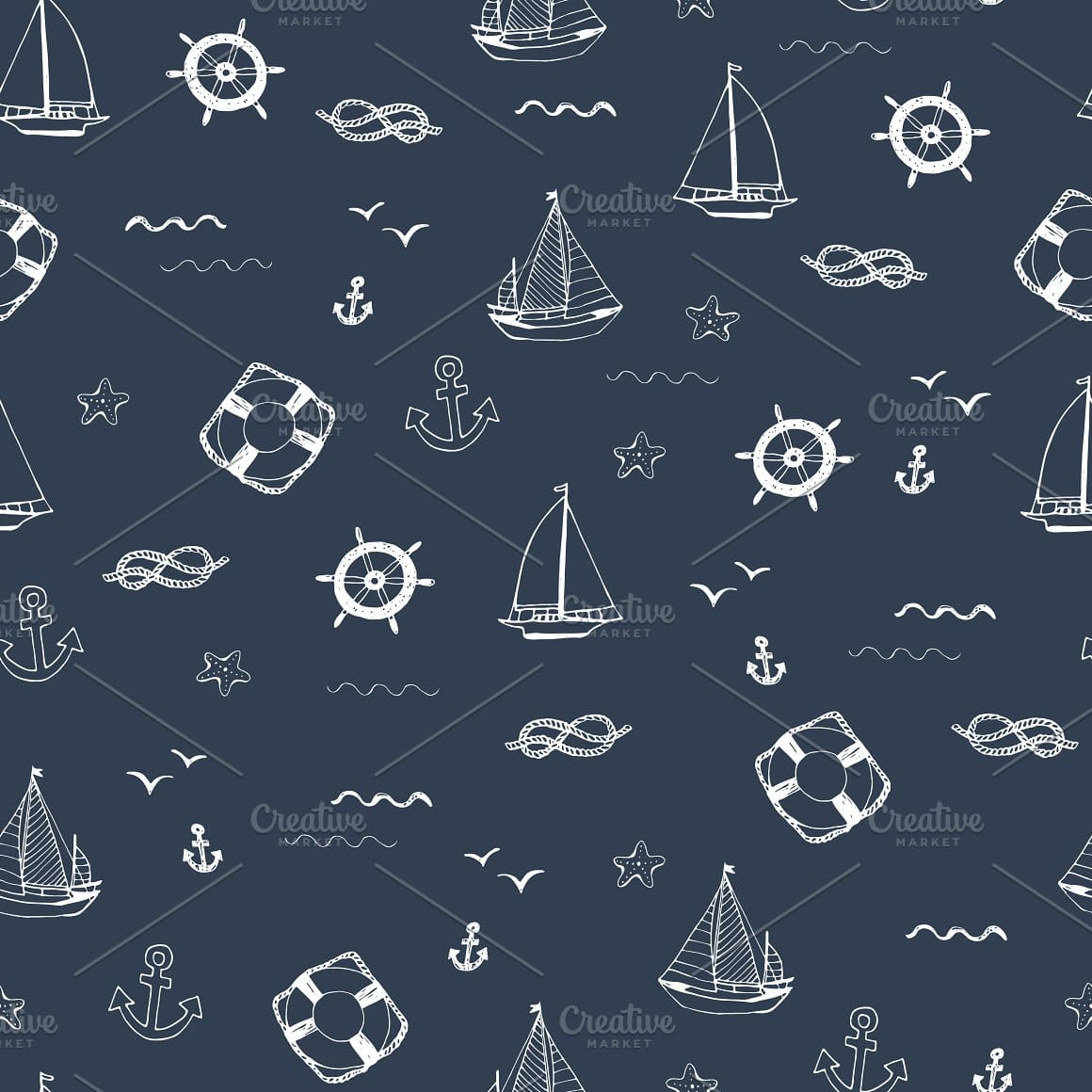 Seagulls, sea knots, anchors on a dark blue background are painted in white.