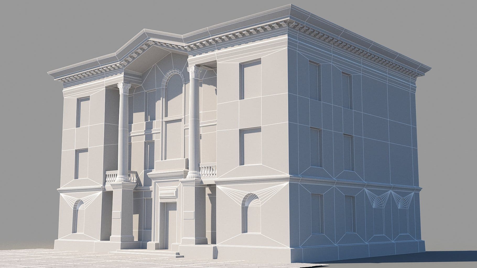 3D model of Classic Building Facade in gray color with white lines.