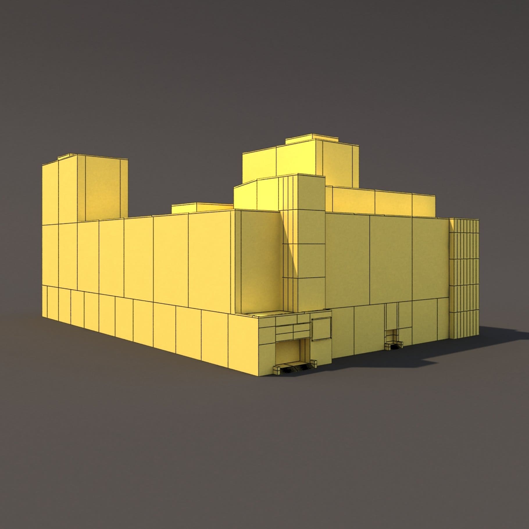 Yellow 3D model of an office building.