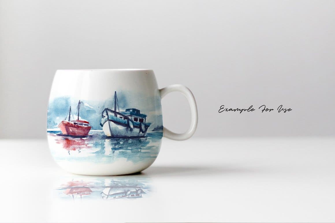 A watercolor drawing of ships on a white cup.