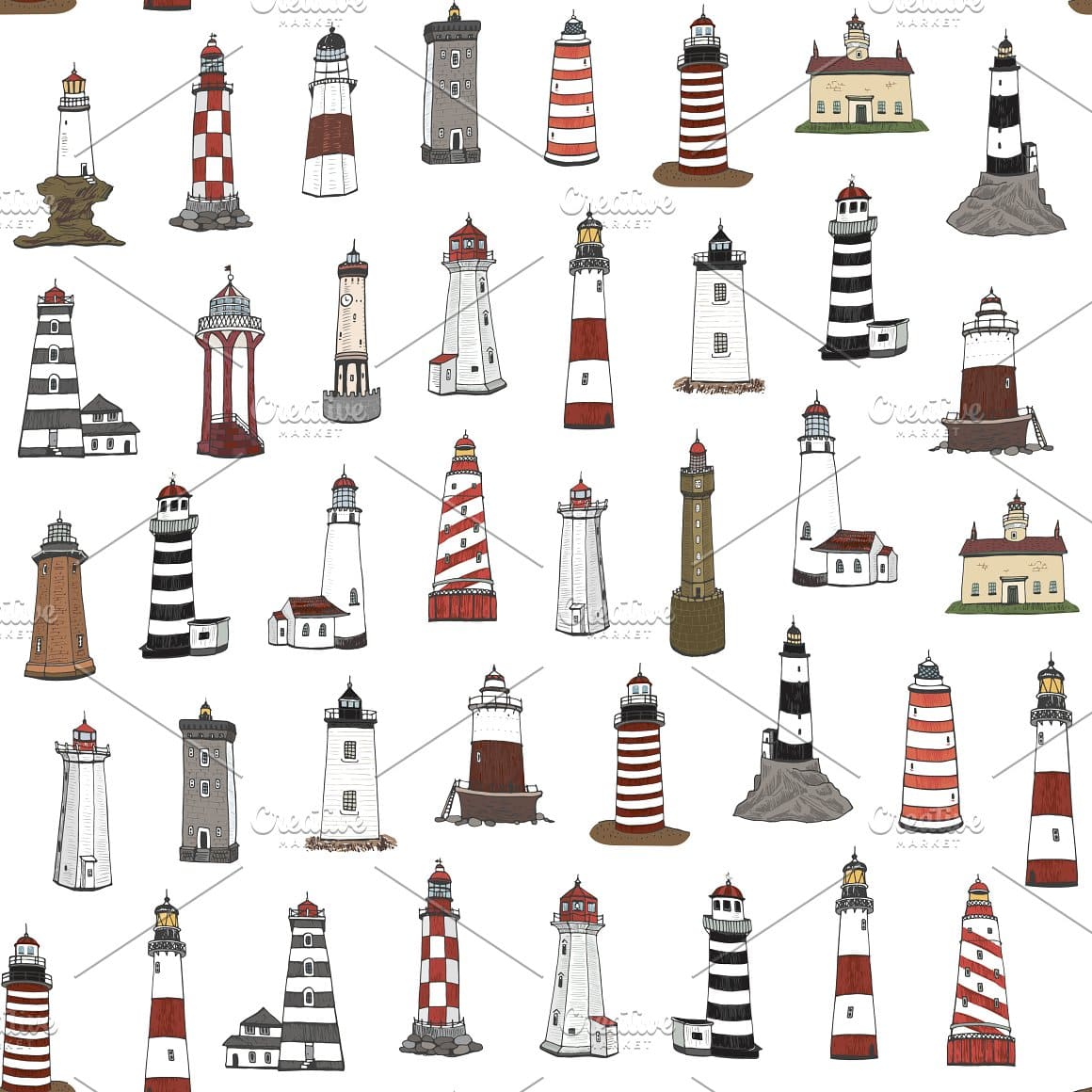 Lighthouses of different shapes indicate the way for sea transport.