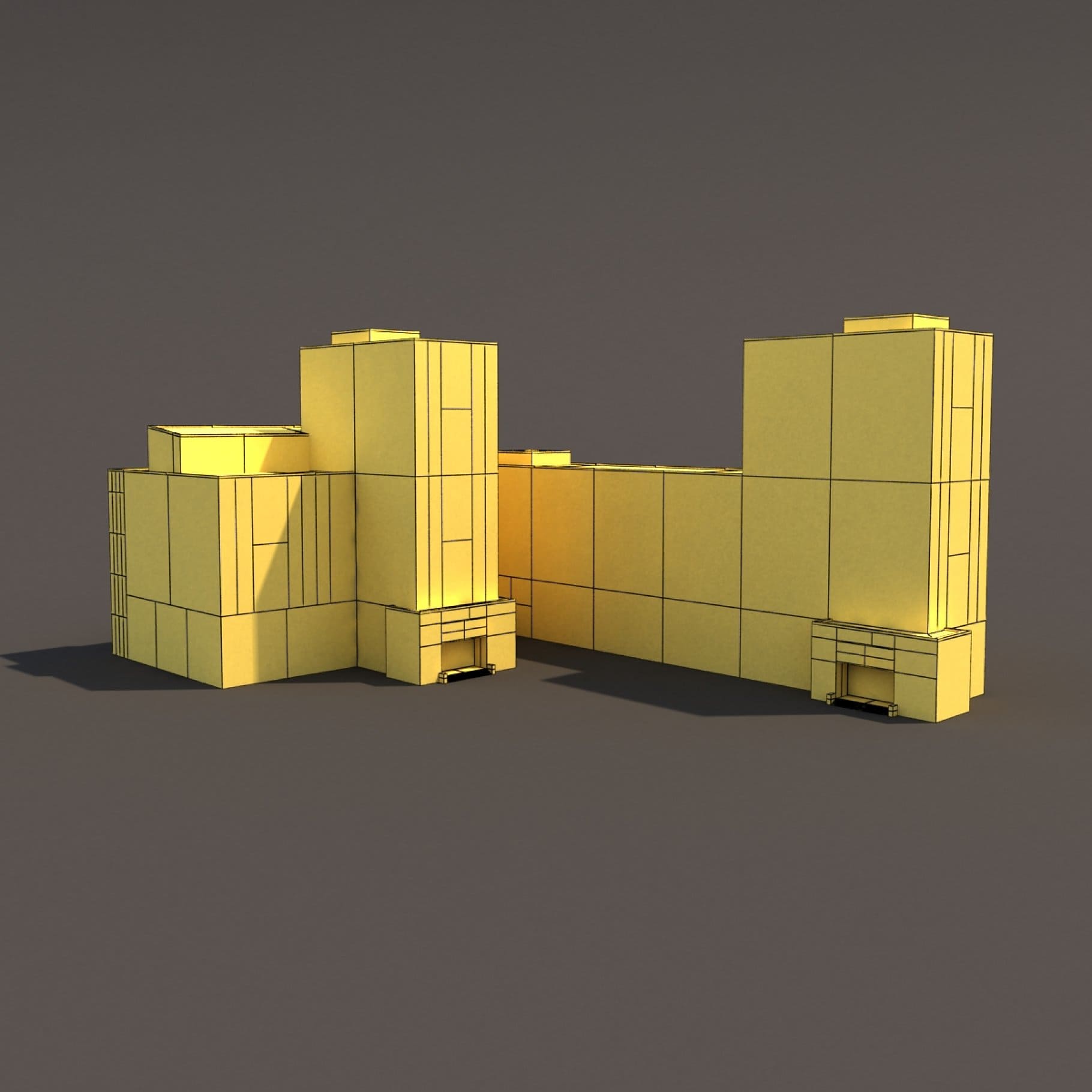 Office building with two exits in the form of a yellow 3D model.