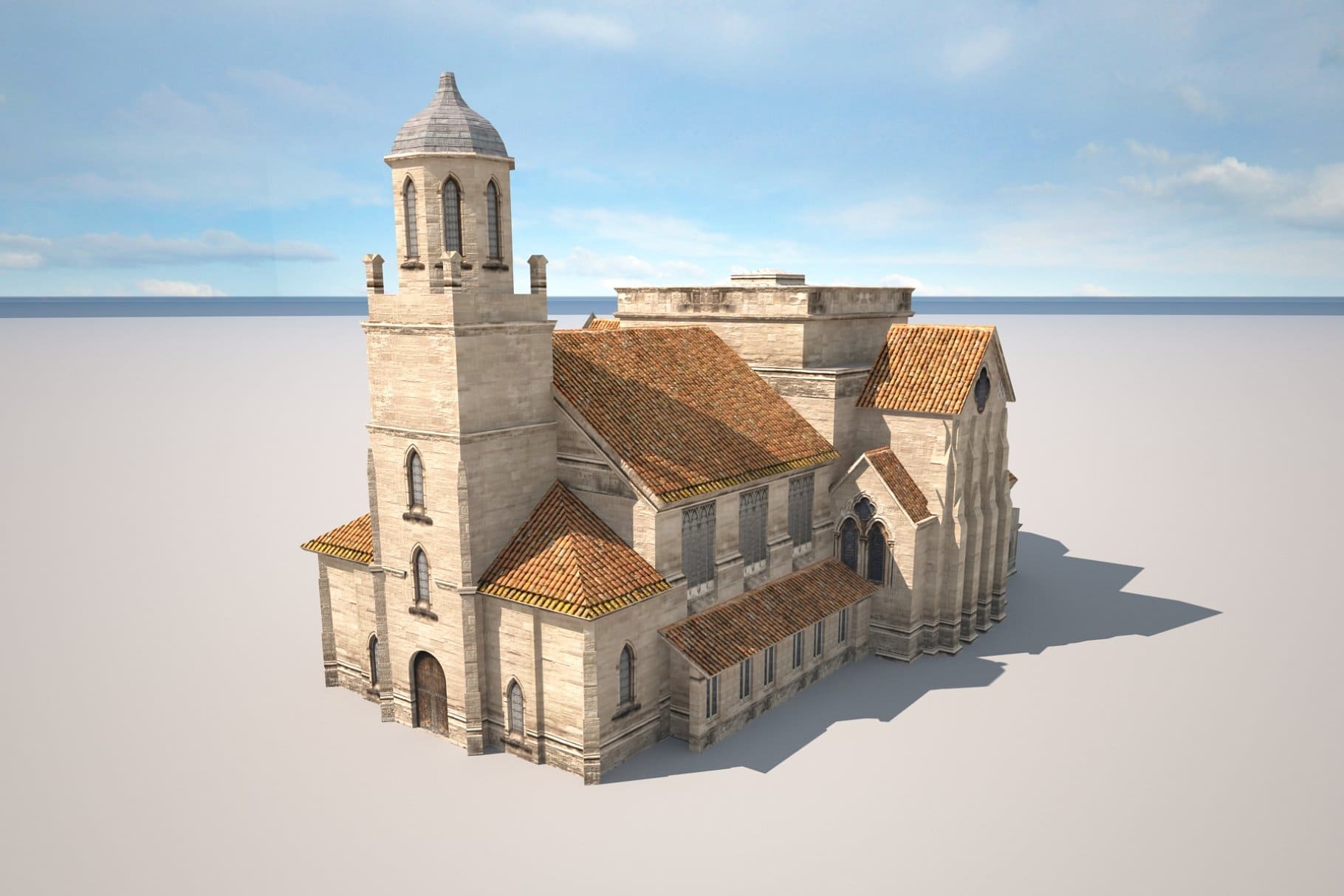 3D model of a church building made of rubble stone and brick.