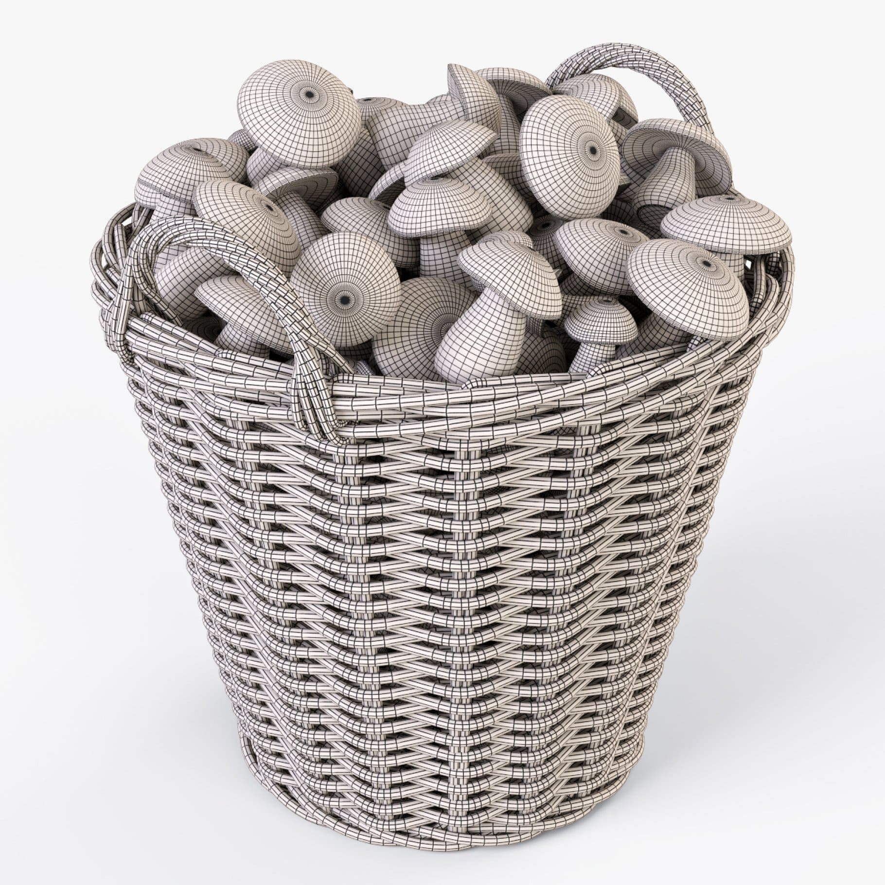 A gray 3D model of a basket with mushrooms is depicted on a white background.
