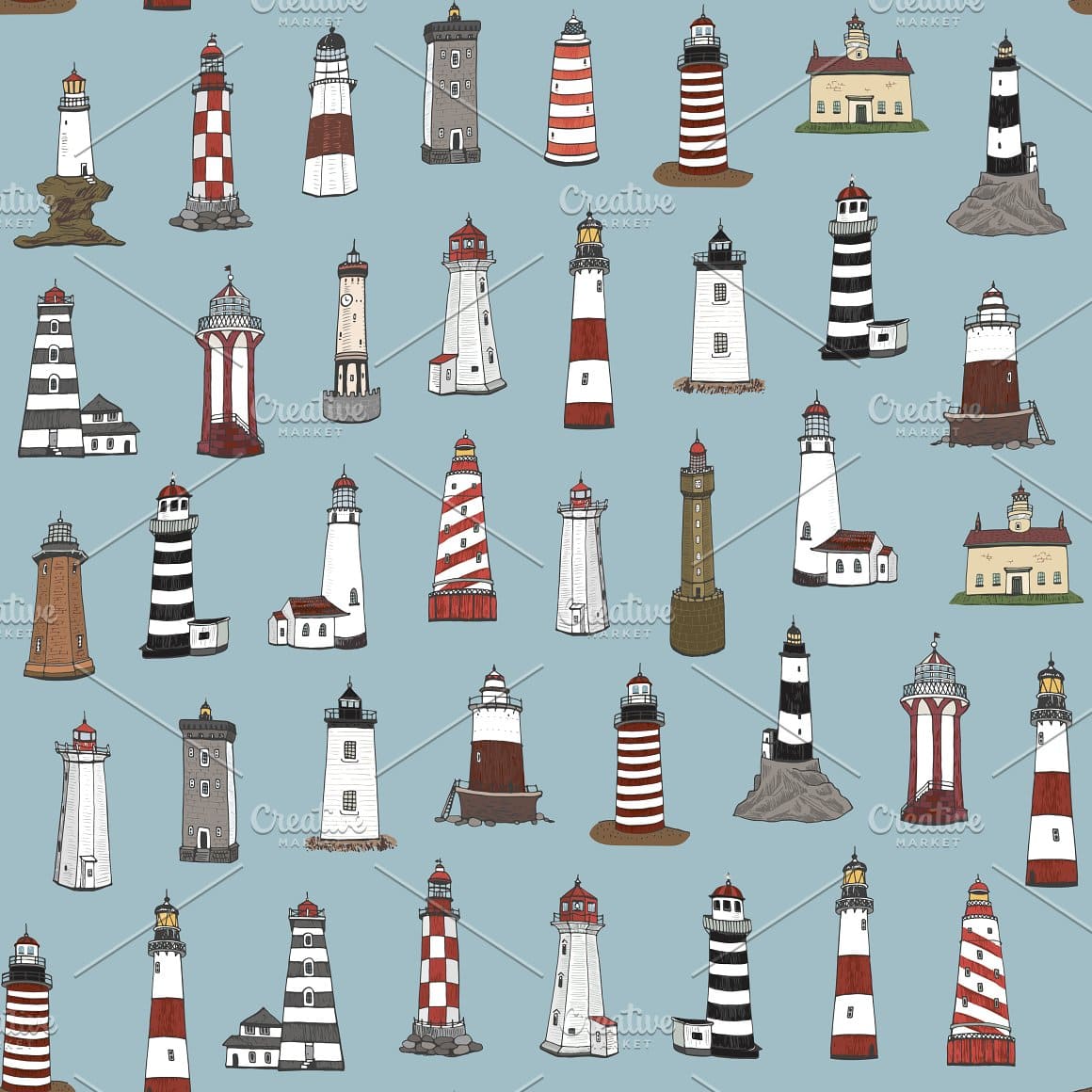 Simple lighthouses and lighthouses with extensions on a light blue background.