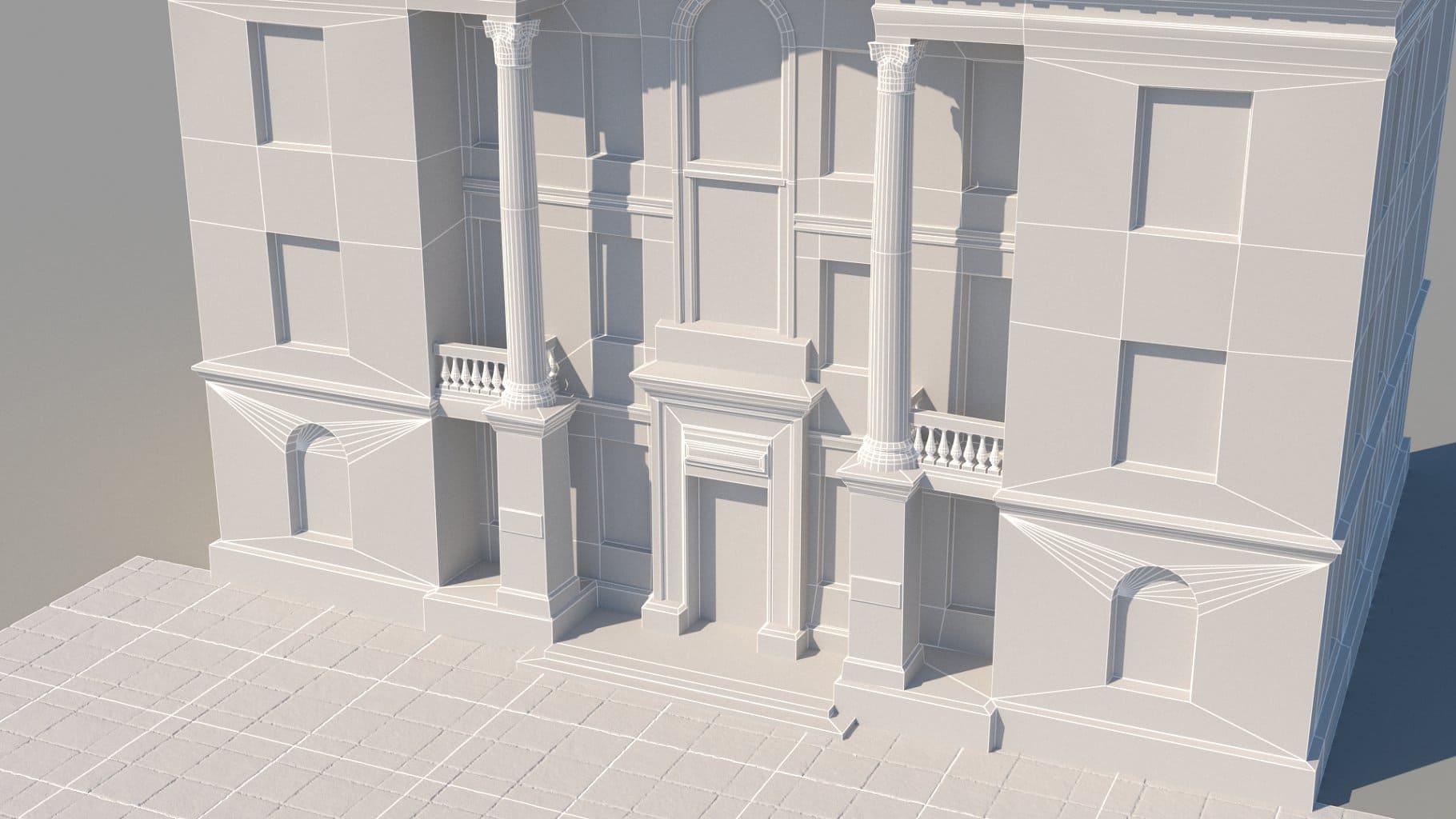Gray 3D model of a classic building with paving stones in front of the building.