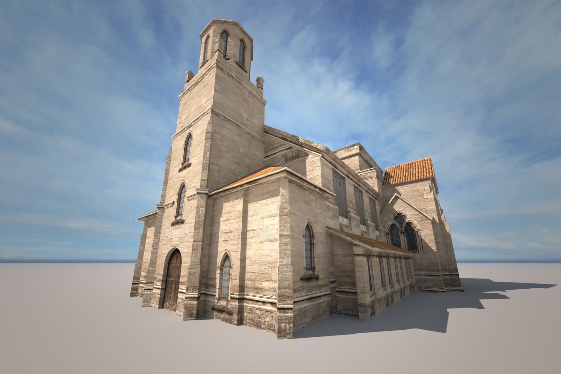 3D model of a church building with Gothic windows.