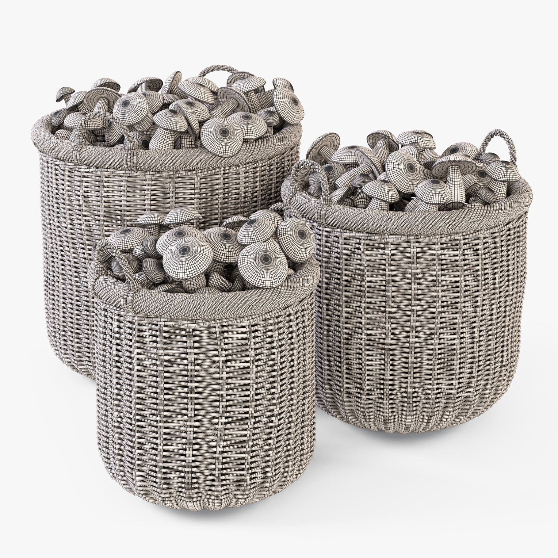 3D models of wicker baskets with mushrooms.