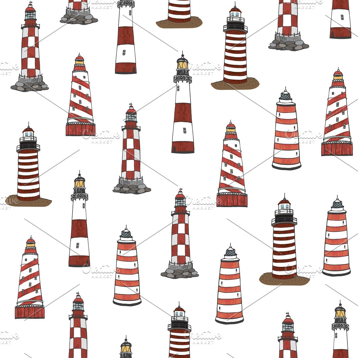 Lighthouses in a red stripe and a cell are drawn on a white background.