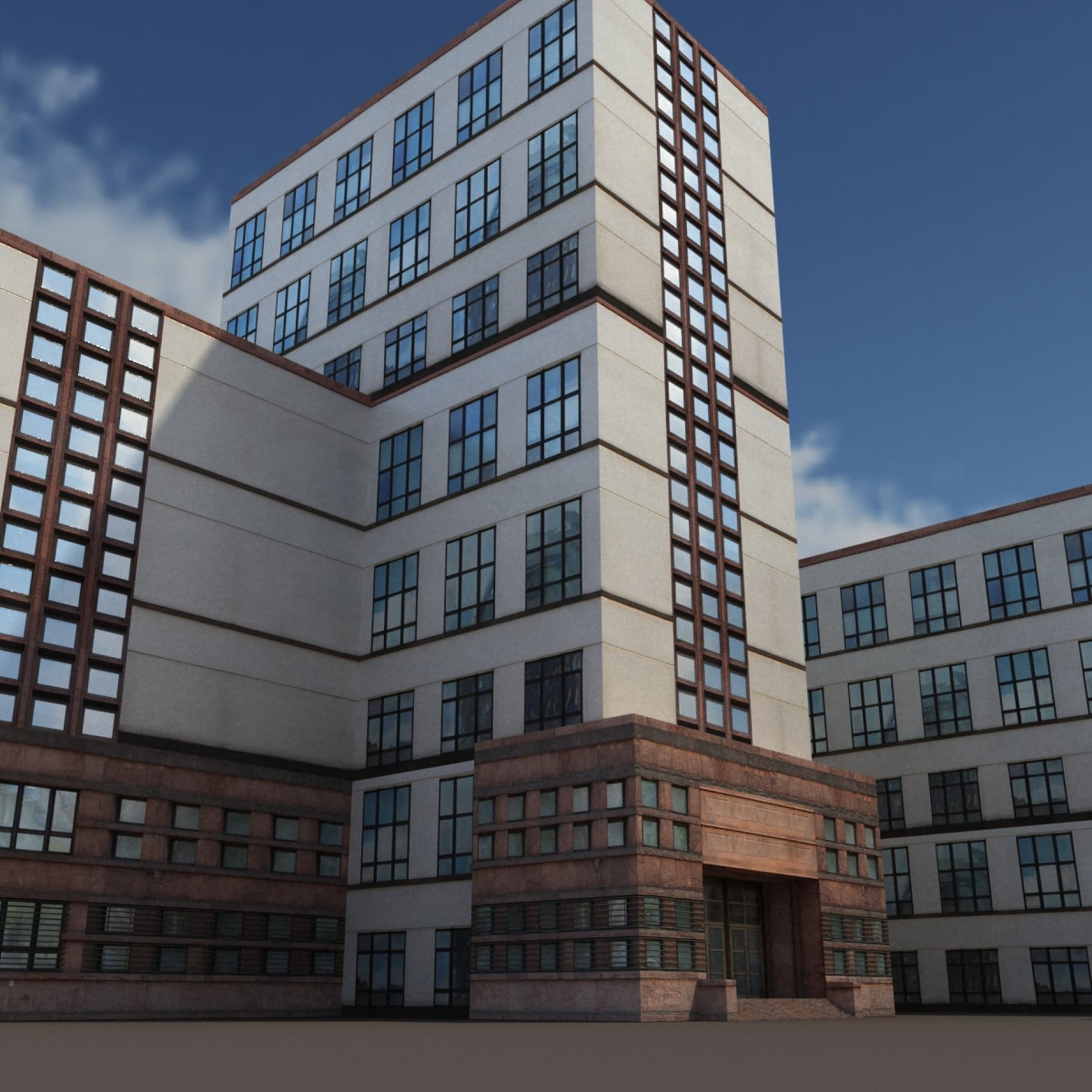 3D model of an eight-story office building.