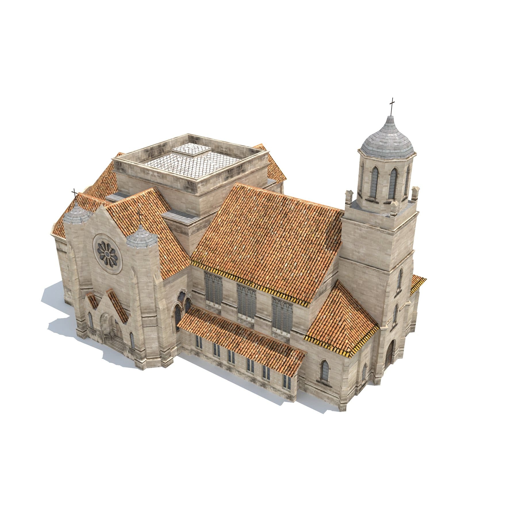 Different types of roofs of the church building can be seen from above.