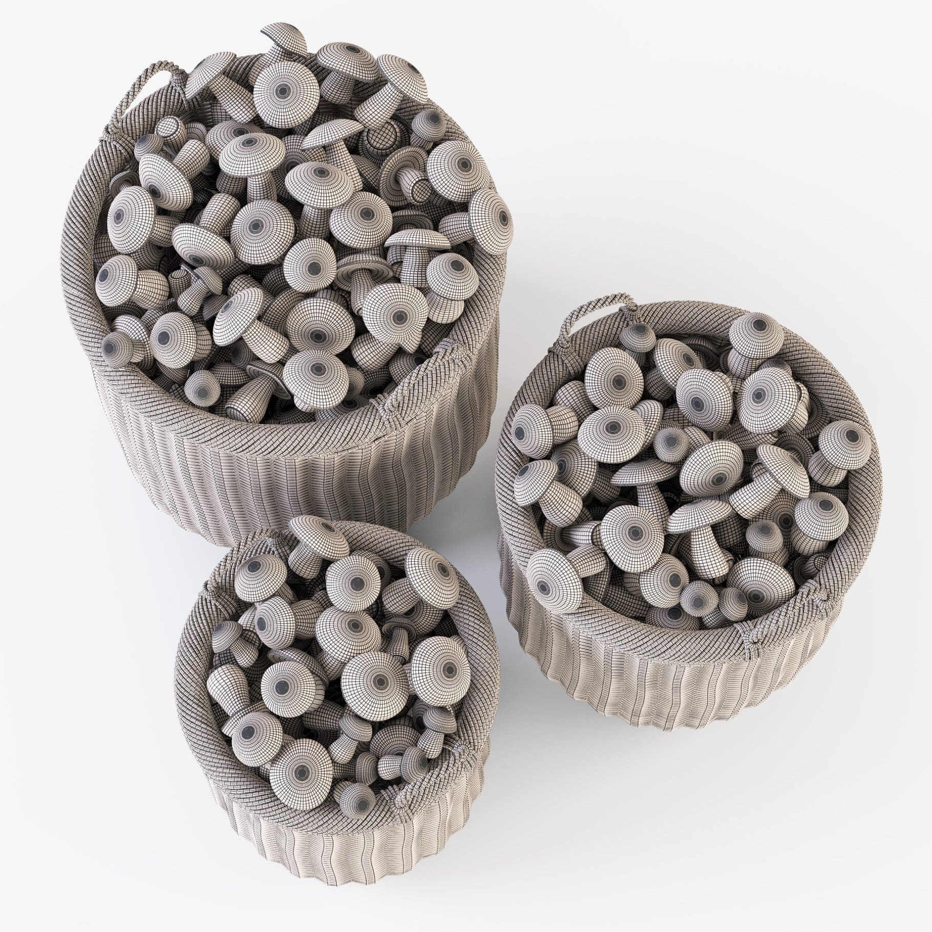 3D models of wicker baskets with mushrooms in black and white colors.