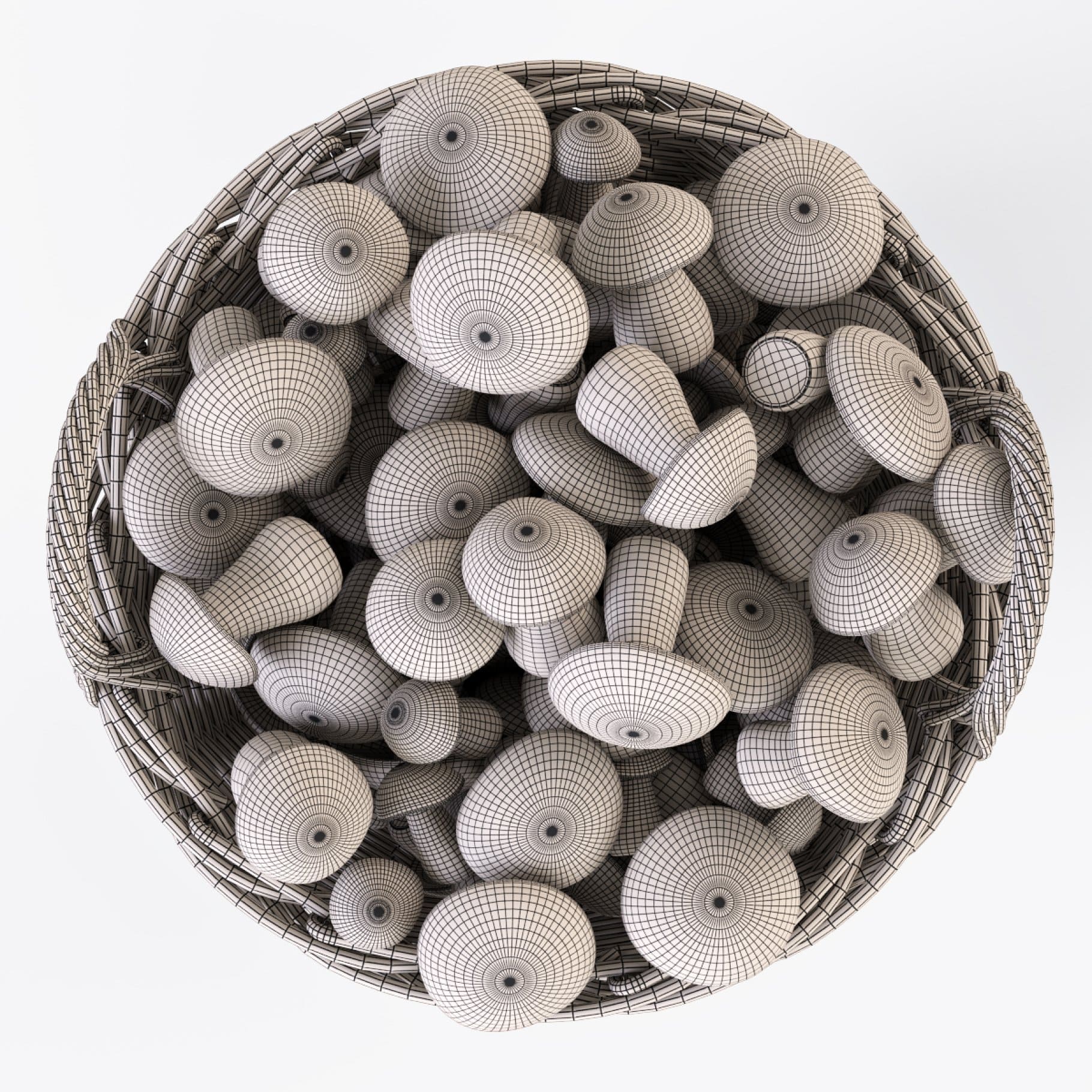 3D model of a basket with mushrooms with a black spot in the middle.