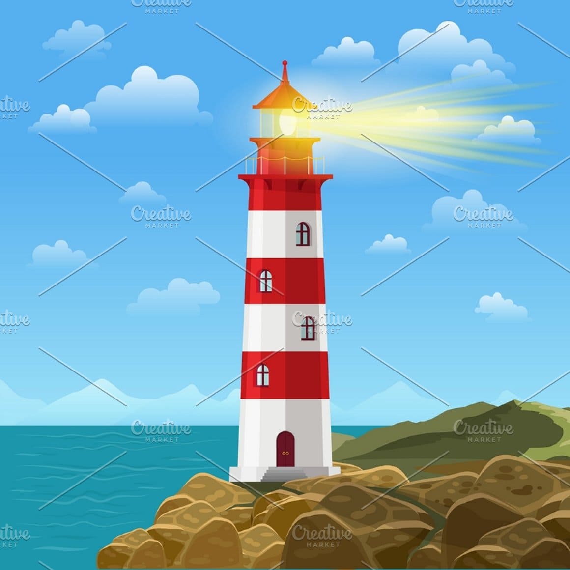 A tall red and white lighthouse shines brightly to ships on an island near the sea.