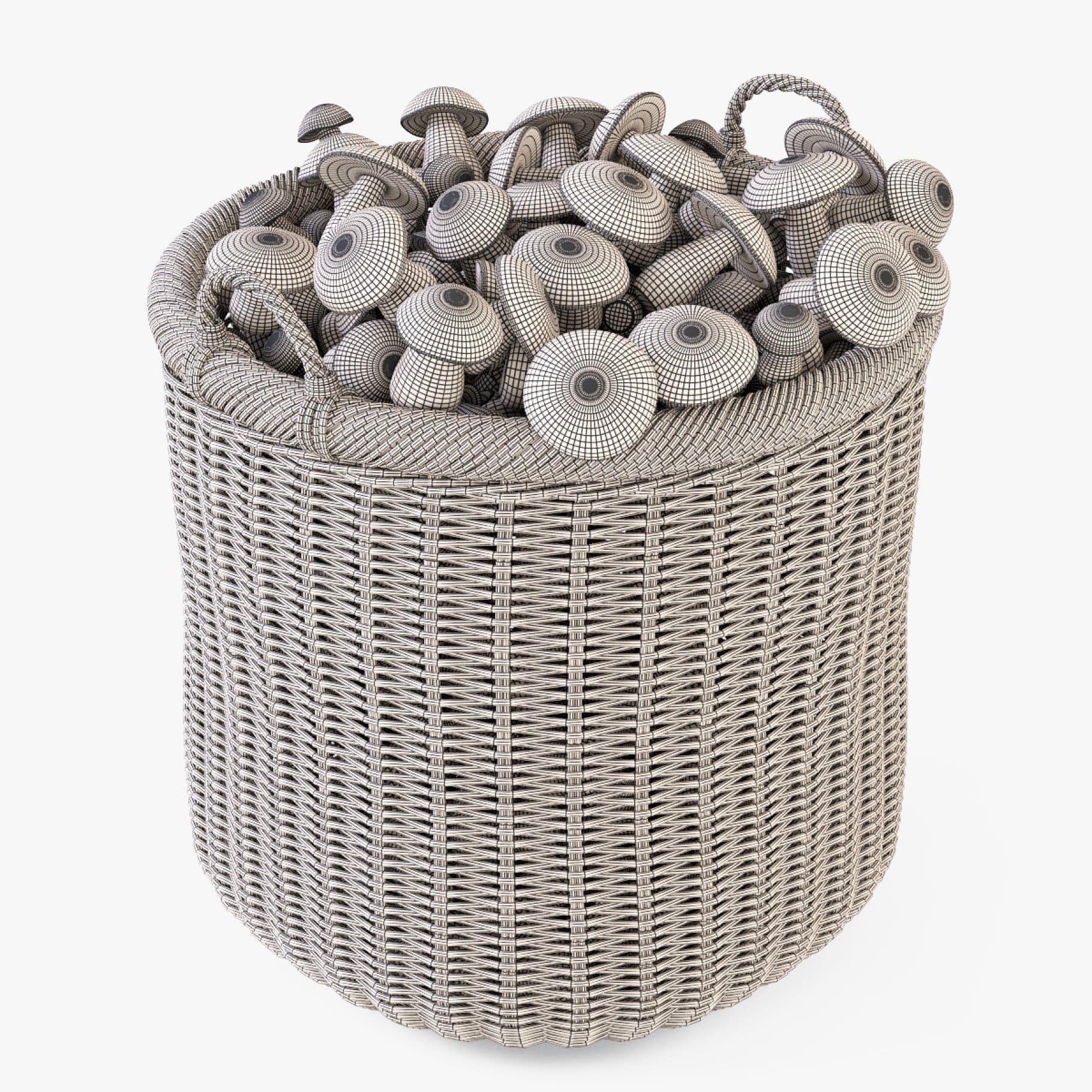 Gray wicker mushroom basket with thick legs.