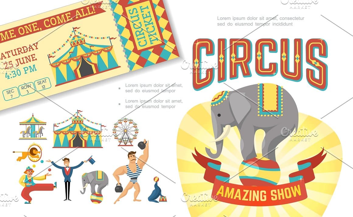 Flat circus show concept with trained animals performing tricks strongman tent juggling clown magician carousel ticket vector illustration.