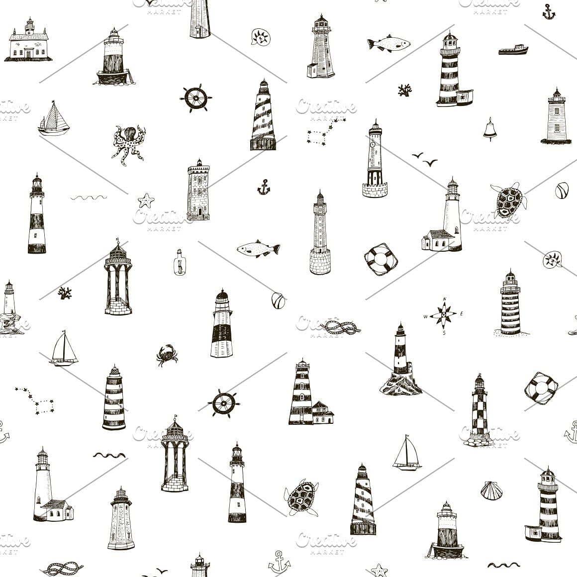 The white background is decorated with small lighthouses, yachts and sea animals.