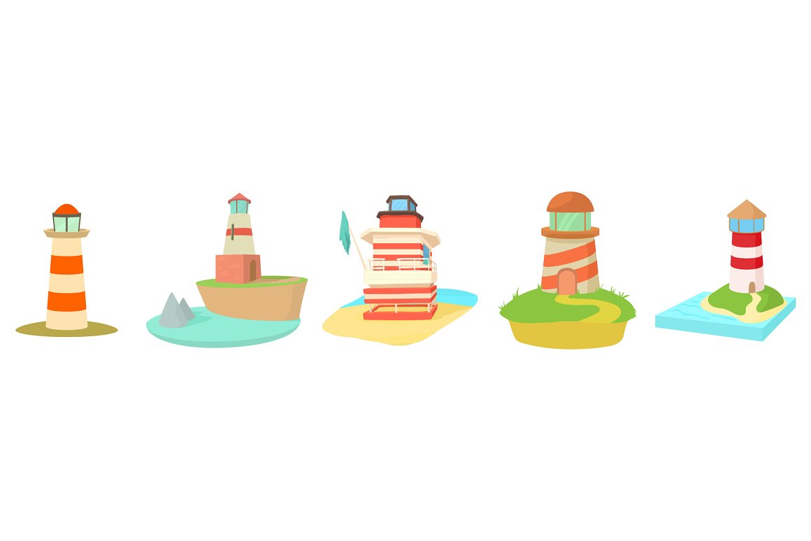 Cartoon little lighthouses on a small piece of land.
