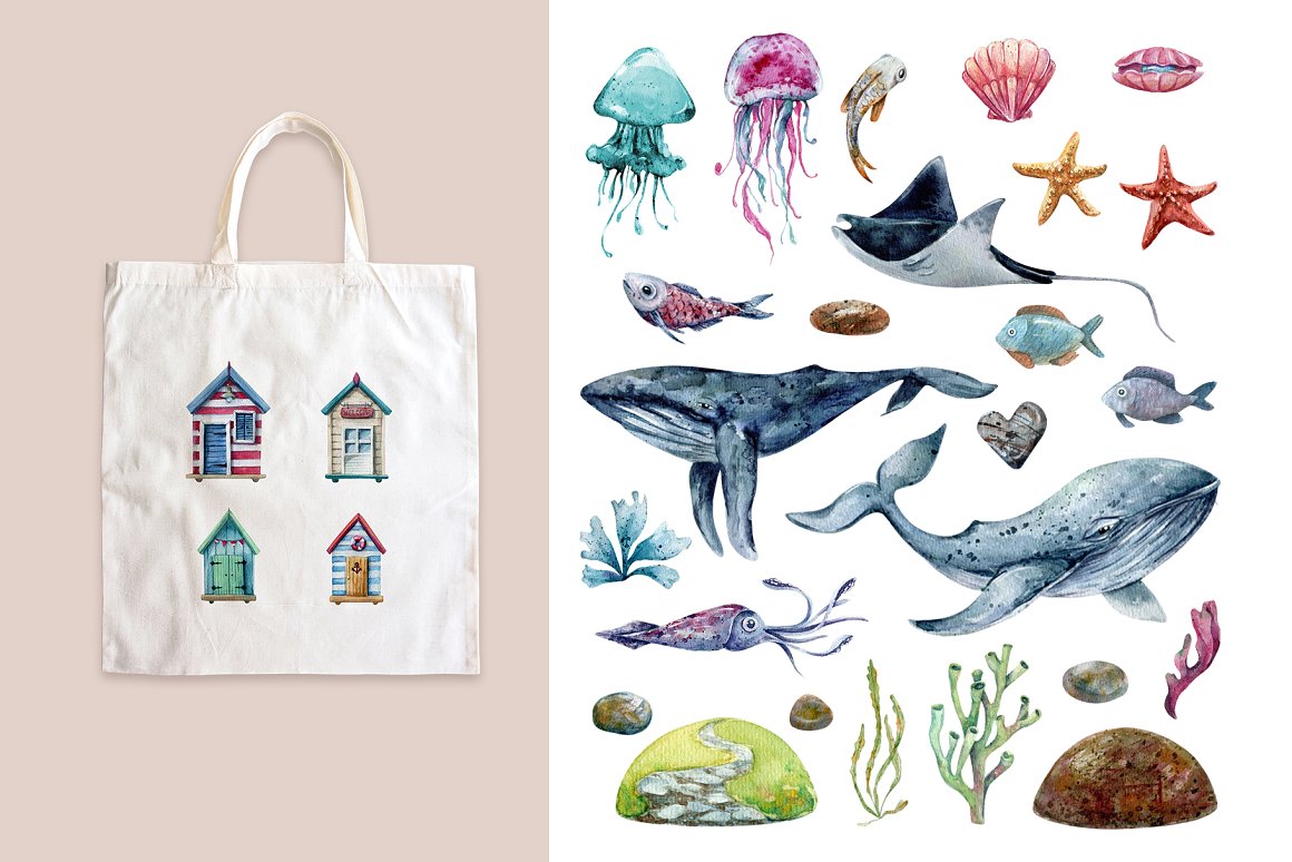 Marine inhabitants on bag prints.