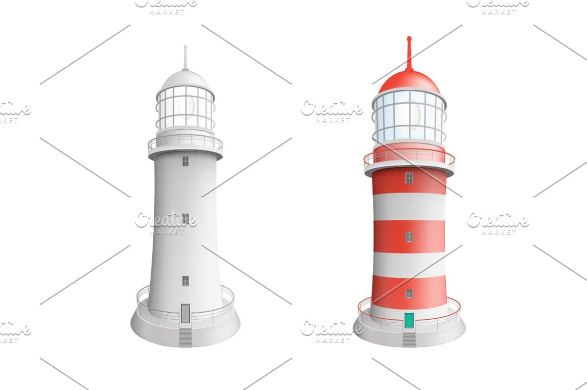 A gray lighthouse and a red and gray lighthouse with huge windows.