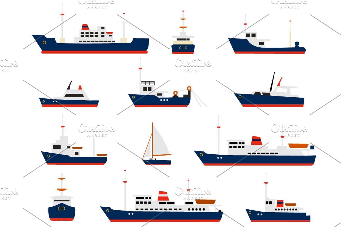 Silhouettes of various ships and yachts on the white background.