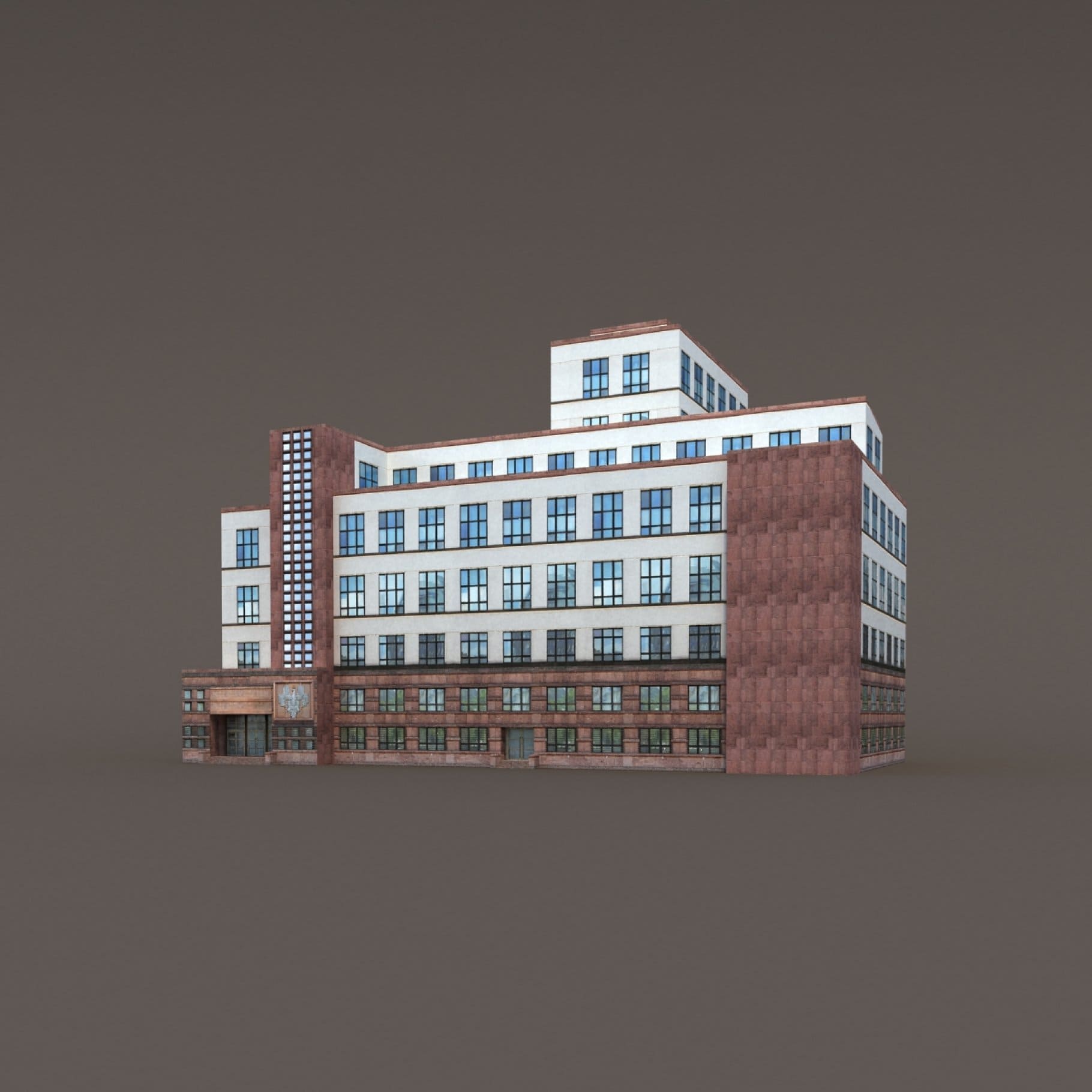 3D model of an office building on a gray background.