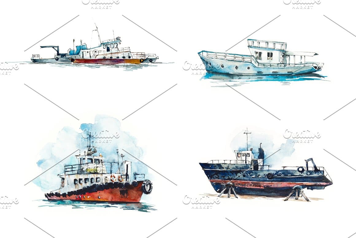 Watercolor drawings of boats are drawn in detail.