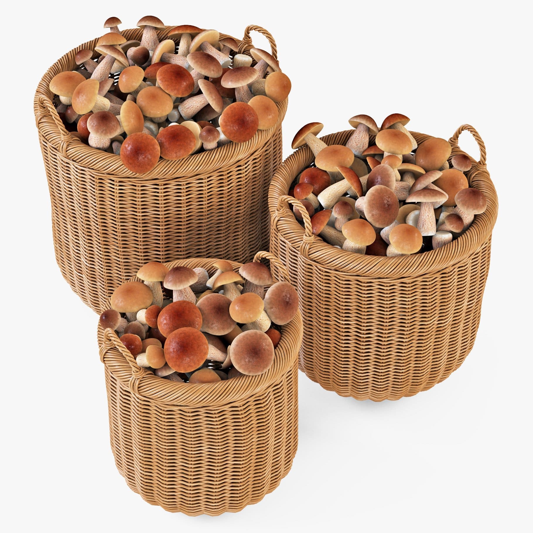 Image of baskets of mushrooms with brown tops.