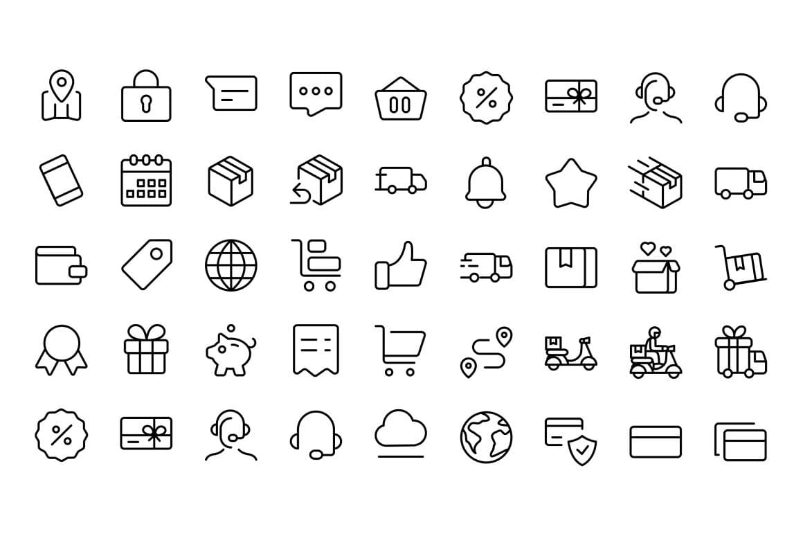 Black e-commerce icons on the white background.