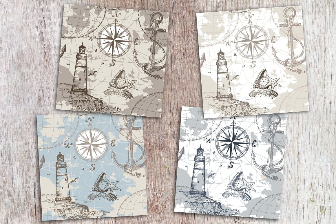 Four patterns with the image of anchors, lighthouses, compasses.