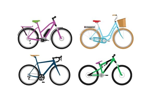 Four painted bicycles in different colors.