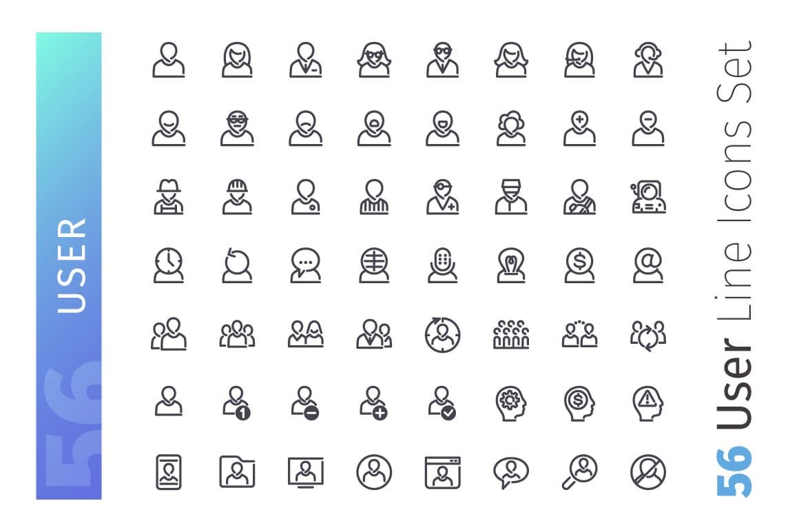 Set of 56 user line icons in AI, EPS, SVG, PNG, JPG formats.