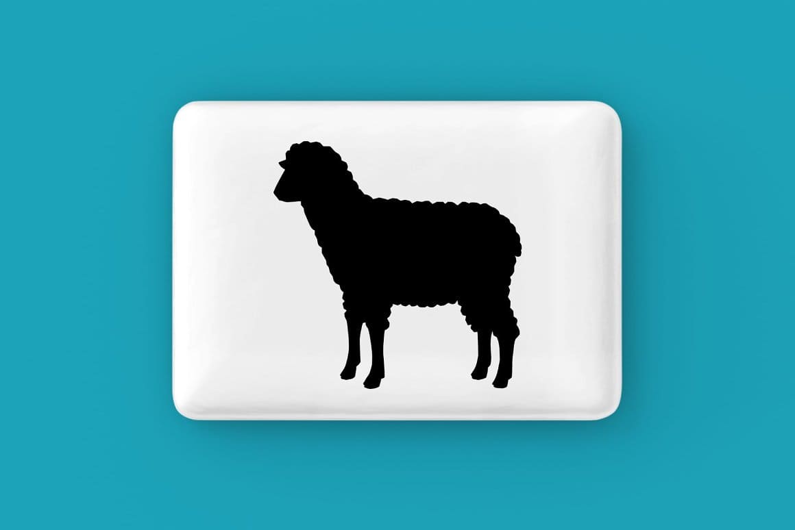 On a blue background is a white rectangle on which a black young sheep is drawn.