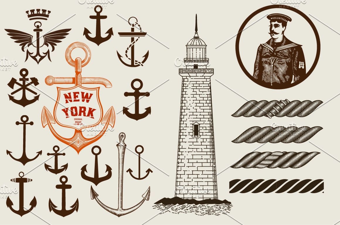The image of a sailor, anchors of various shapes, a lighthouse and a rope.