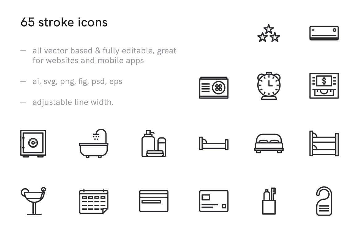65 stroke icons in AI, SVG, PNG, FIG, PSD, EPS.
