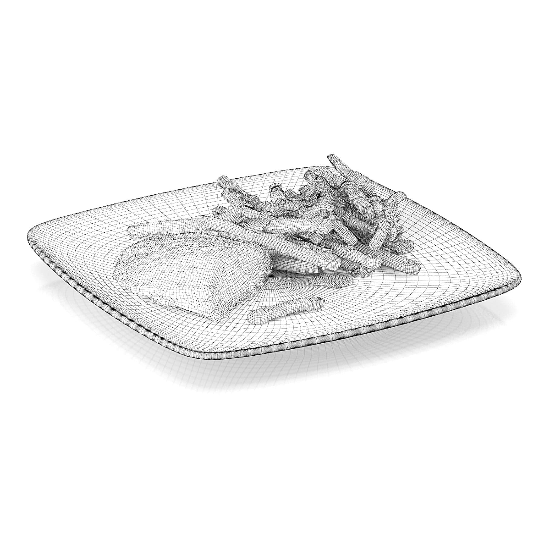 A drawn 3D model of Steak with French Fries.