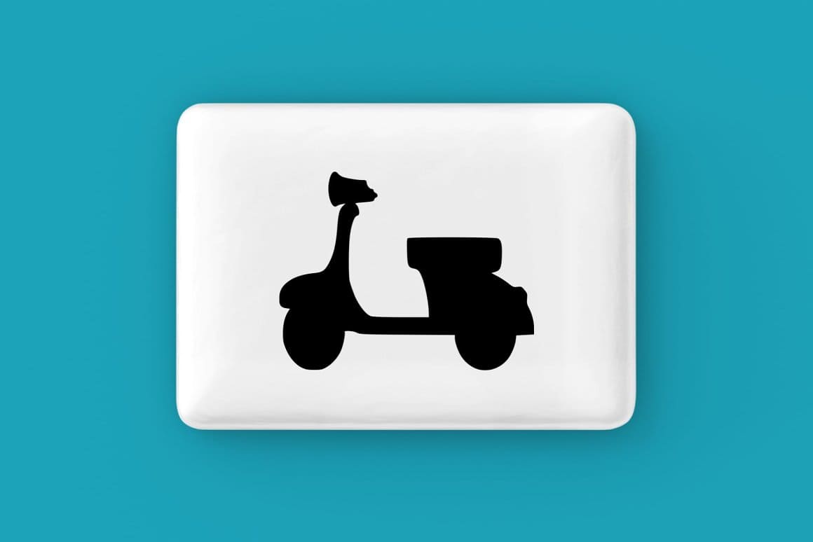 A simple scooter is drawn on a white button on a blue background.