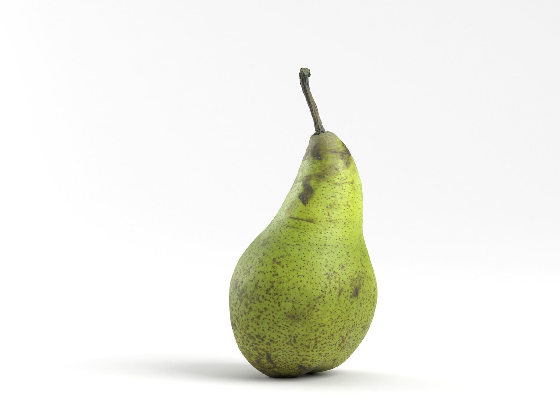 Curved green pear with a long tail.