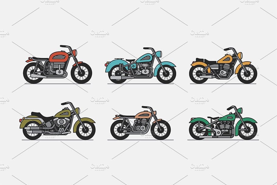 6 vintage motorcycles of different configurations.